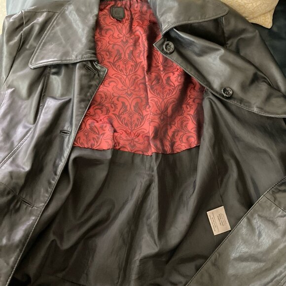Vintage Wilsons Leather Jacket Black Trench Over Coat Big Collar Chevron Lined L - Picture 16 of 16